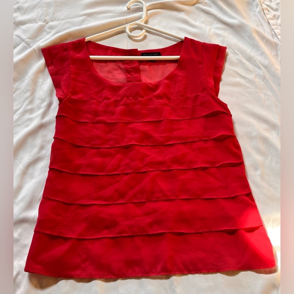 American Eagle Pink Tiered Ruffle Cap Sleeve Blouse Button Back Top Chiffon Med - Picture 5 of 12